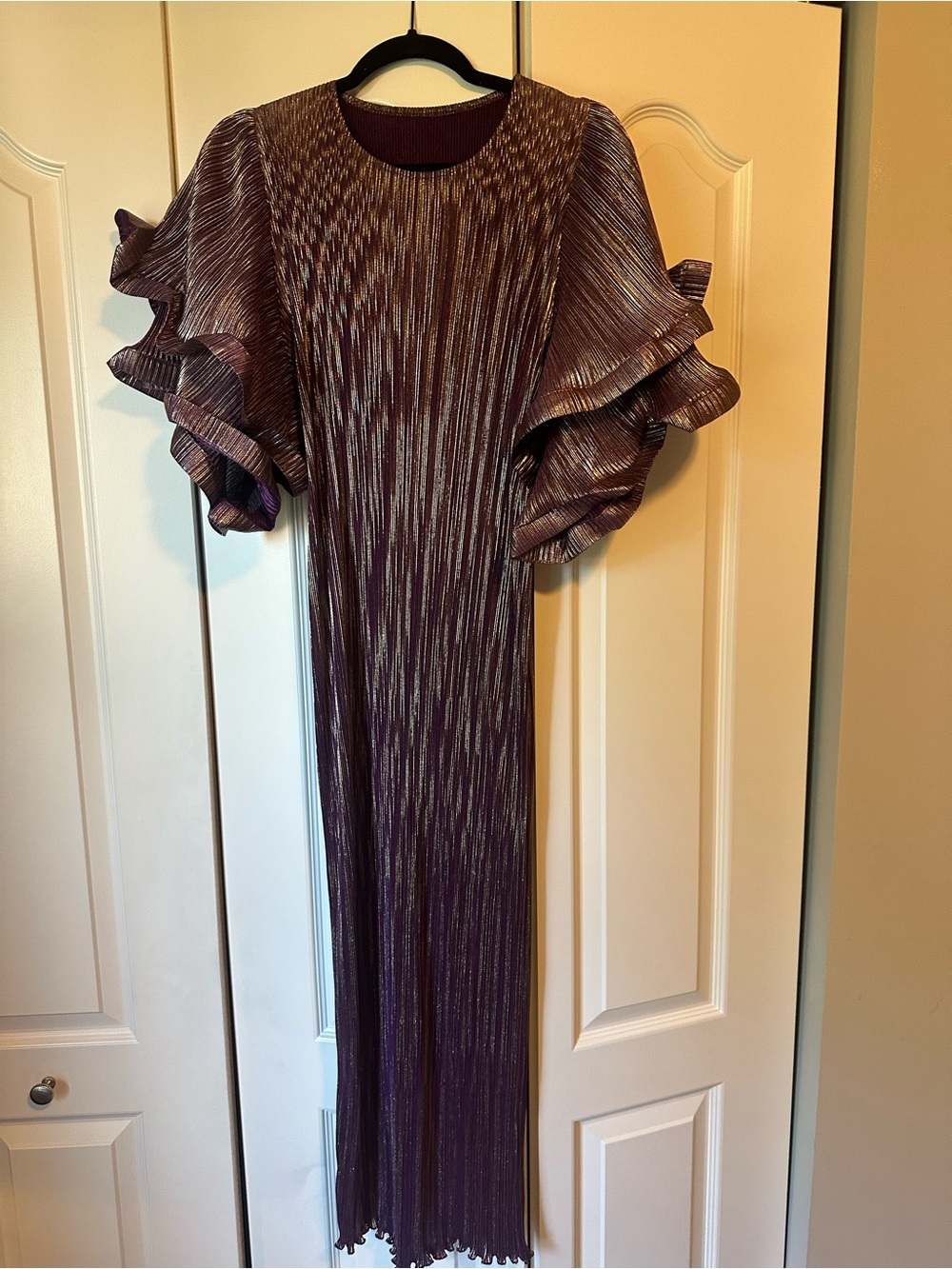 Elegant Purple Metallic Ruffle-Sleeve Maxi Dress